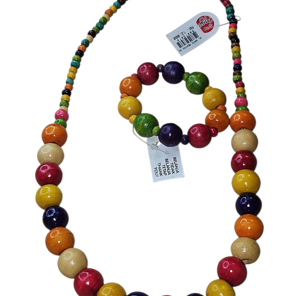 Colorful Wooden Beaded Necklace And Bracelet Set